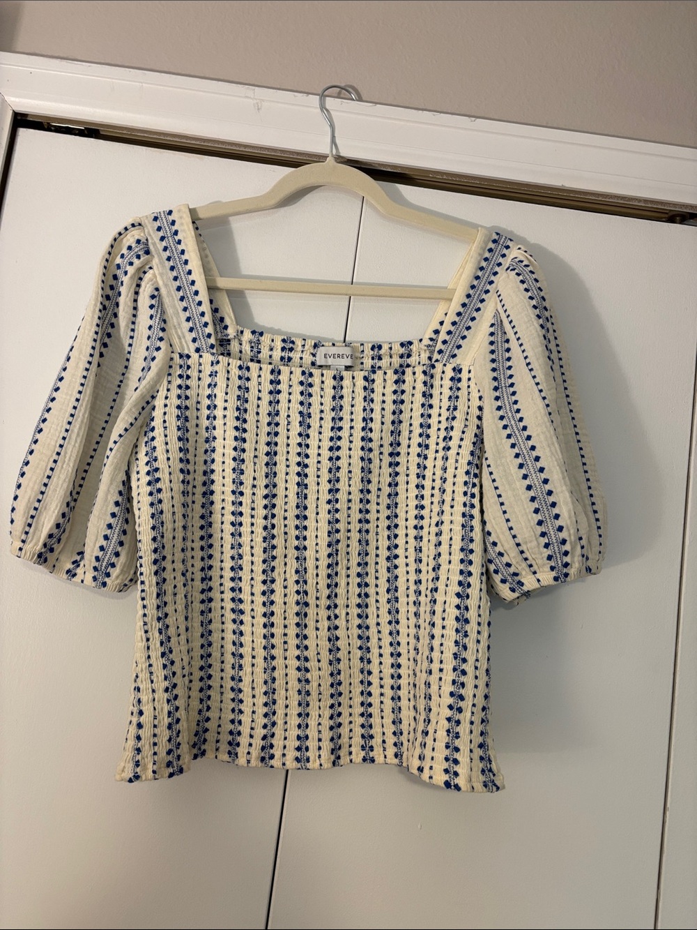 Evereve Cream Top with Blue Embroidered Stripes and Square Neck